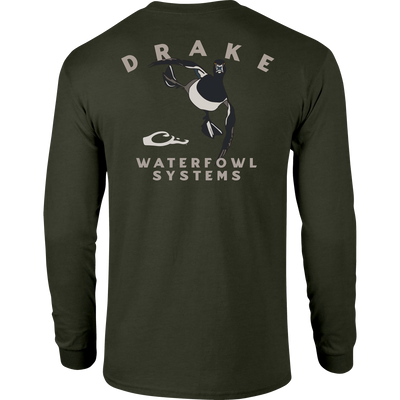 Retro Ringneck Long Sleeve T-Shirt with front pocket Drake logo and retro Ringneck graphic on back, crafted from a soft cotton-polyester blend.