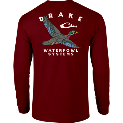 Retro Wood Duck Long Sleeve T-Shirt featuring a front pocket with Drake logo and a large retro wood duck graphic on the back.