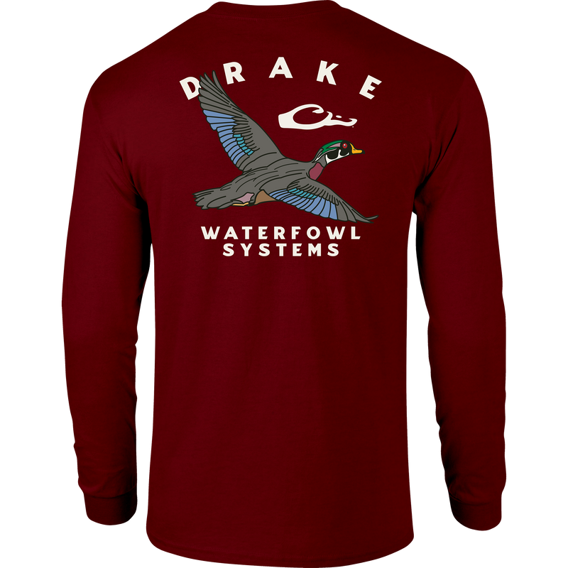Retro Wood Duck Long Sleeve T-Shirt featuring a front pocket with Drake logo and a large retro wood duck graphic on the back.