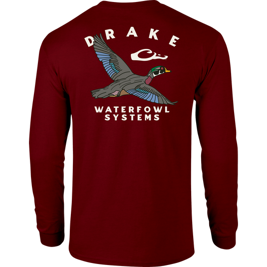 Retro Wood Duck Long Sleeve T-Shirt featuring a front pocket with Drake logo and a large retro wood duck graphic on the back.