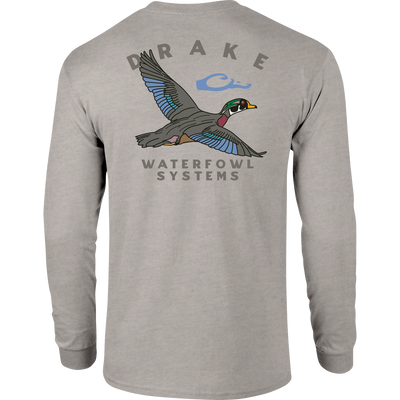 Retro Wood Duck Long Sleeve T-Shirt featuring a Drake logo on the front pocket and a retro Wood Duck graphic on the back, crafted for comfort.