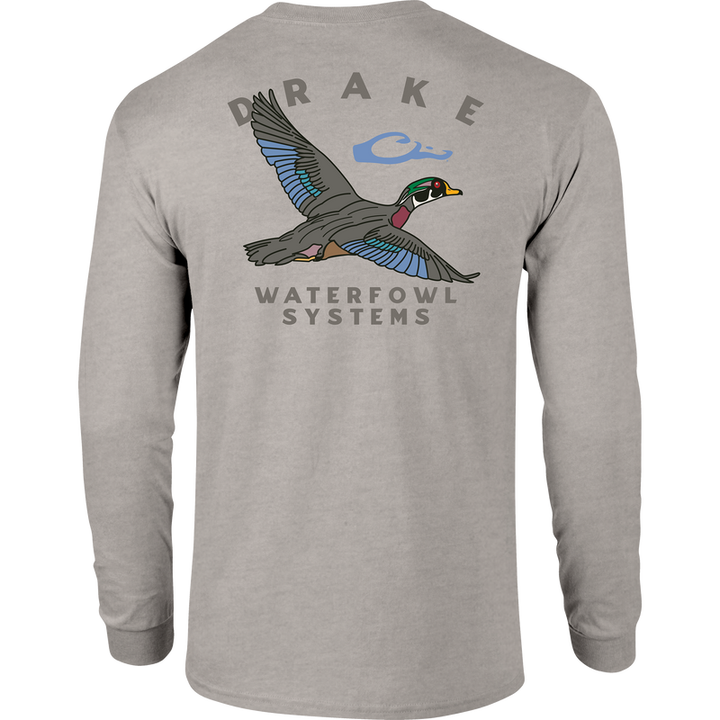 Retro Wood Duck Long Sleeve T-Shirt featuring a Drake logo on the front pocket and a retro Wood Duck graphic on the back, crafted for comfort.