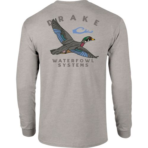 Retro Wood Duck Long Sleeve T-Shirt featuring a Drake logo on the front pocket and a retro Wood Duck graphic on the back, crafted for comfort.