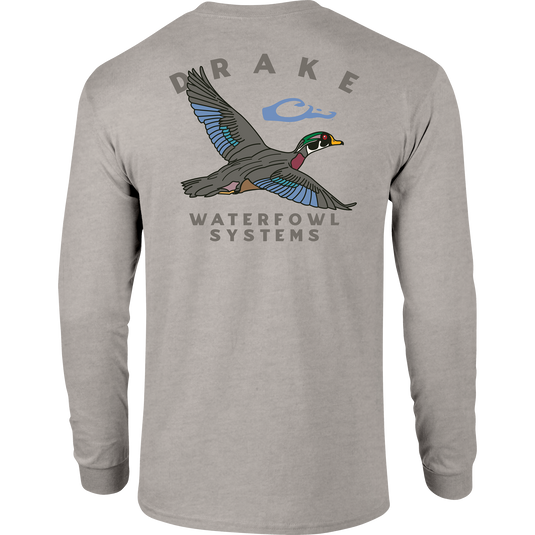 Retro Wood Duck Long Sleeve T-Shirt featuring a Drake logo on the front pocket and a retro Wood Duck graphic on the back, crafted for comfort.