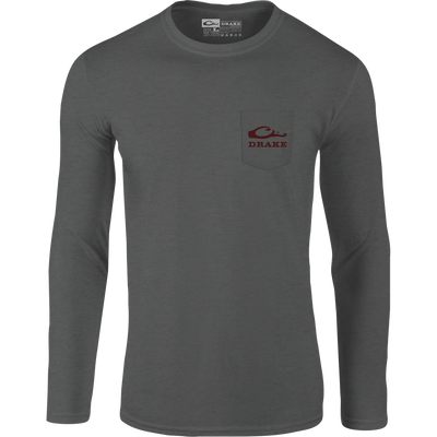 Americana Scenic Long Sleeve T-Shirt featuring a chest pocket with DRAKE logo, abstract Duck Flag graphic on back, crafted from a soft cotton-polyester blend.