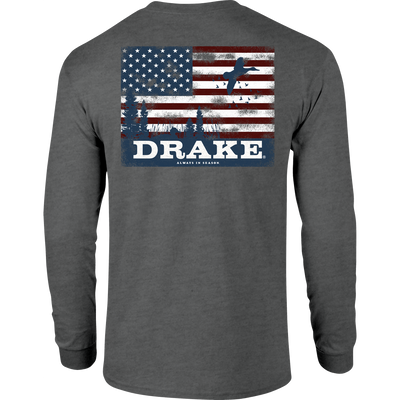 Back view of the Americana Scenic Long Sleeve T-Shirt featuring a distressed American flag with marsh grasses and ducks, and DRAKE with ALWAYS IN SEASON slogan below.