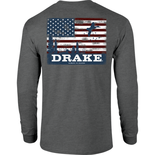 Back view of the Americana Scenic Long Sleeve T-Shirt featuring a distressed American flag with marsh grasses and ducks, and DRAKE with ALWAYS IN SEASON slogan below.