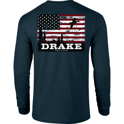 Americana Scenic Long Sleeve T-Shirt features a distressed American-flag design with pine trees and duck silhouettes, plus DRAKE and Always in Season slogan on the back.