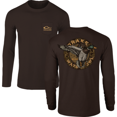 Circle Mallard Long Sleeve T-Shirt featuring a gold-embroidered logo pocket and back camo graphic with a flying mallard duck, blending comfort with classic hunting style.