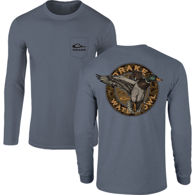 Circle Mallard Long Sleeve T-Shirt with Drake logo on front pocket; large back graphic of a flying mallard over camo with DRAKE WATERFOWL.