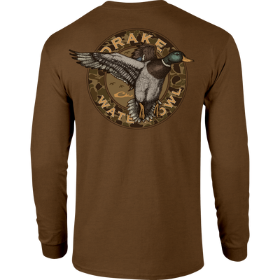Circle Mallard Long Sleeve T-Shirt features a front Drake logo and back Mallard graphic, blending 60% cotton with 40% polyester for comfort.