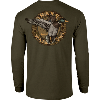 Circle Mallard Long Sleeve T-Shirt featuring Drake logo on front and classic Mallard graphic on back, crafted from a soft cotton-polyester blend.