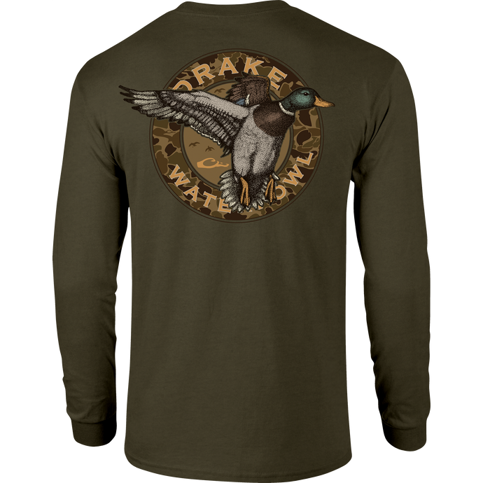 Circle Mallard Long Sleeve T-Shirt featuring Drake logo on front and classic Mallard graphic on back, crafted from a soft cotton-polyester blend.