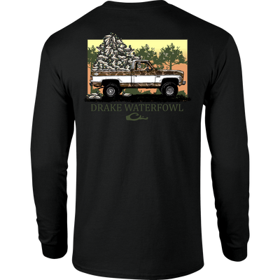 Decoy Overload Long Sleeve T-Shirt, featuring Drake logo on front and Jimbo with Decoys graphic on back, crafted from soft, lightweight cotton-polyester blend.