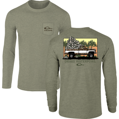 Decoy Overload Long Sleeve T-Shirt features a front chest pocket with Drake logo and a large back graphic of a truck with decoys.