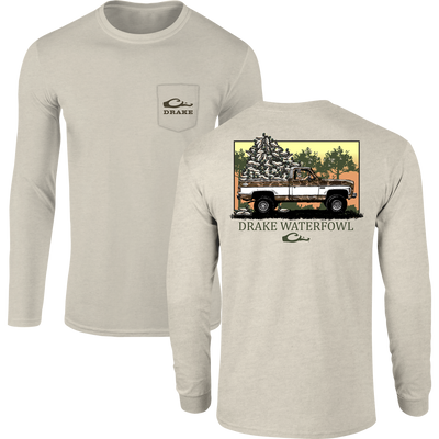 Decoy Overload Long Sleeve T-Shirt featuring a front pocket Drake logo and a back graphic of a decoy-laden truck, crafted from a soft cotton-polyester blend.