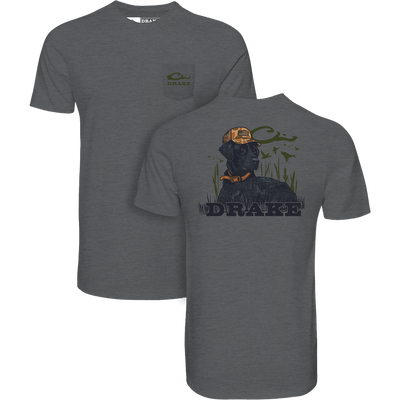 Lab Lounging T-Shirt featuring a small Drake logo on the front and a retriever graphic with marsh scene on the back, ideal for comfort and style.