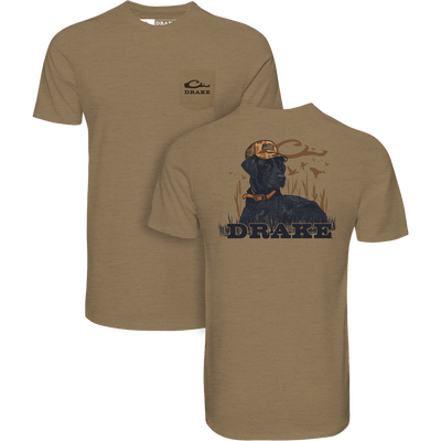 Two tan crew-neck Lab Lounging T-Shirts by Drake: one with logo pocket, the other featuring a retriever graphic and DRAKE text.
