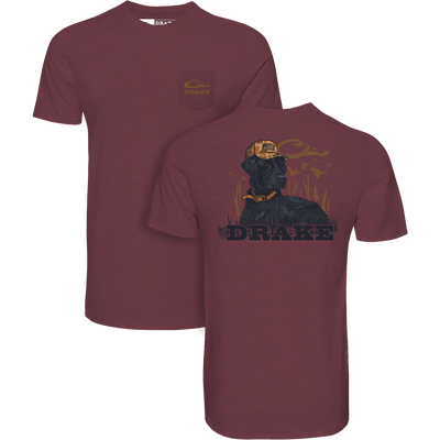 Drake Lab Lounging T-Shirt with gold logo; features a black retriever graphic in marsh setting on back, designed for comfort in a cotton-poly blend.
