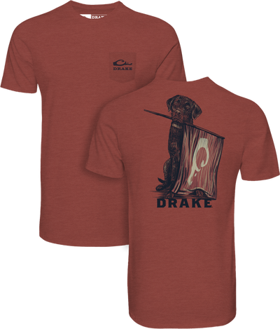 Lab Flag Bearer T-Shirt with pocket logo front and back illustration of a retriever holding a canoe paddle, crafted for comfort with a cotton-polyester blend.