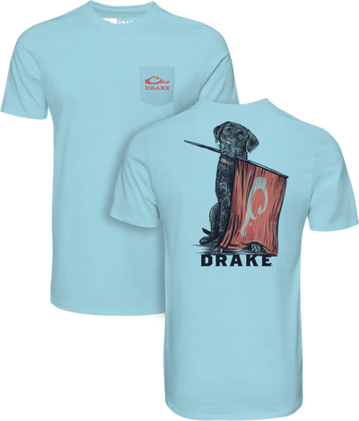 Lab Flag Bearer T-Shirt with front chest pocket featuring a red DRAKE logo, and back illustration of a Labrador holding a red banner.