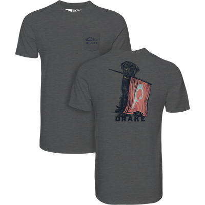 Lab Flag Bearer T-Shirt featuring a navy duck logo on the front and a Labrador with a duck-blind marker illustration on the back.
