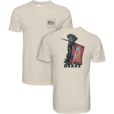 Lab Flag Bearer T-Shirt with front pocket logo and back Labrador graphic, blending cotton-polyester for comfort and style, ideal for casual and hunting wear.
