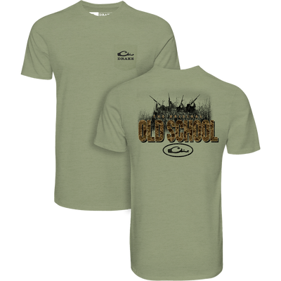 Drake Original Old School T-Shirt showcasing a duck hunting graphic on the back, and Drake logo on the front chest pocket, highlighting comfort in a cotton-polyester blend.