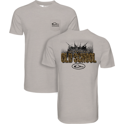Two light-gray T-shirts: front with DRAKE logo pocket; back features OLD SCHOOL camo-text and duck silhouette, showcasing the Original Old School T-Shirt design.