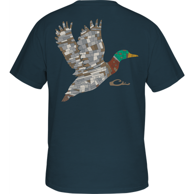 Mosaic Mallard T-Shirt with a patchwork duck silhouette across the back, crafted from a soft cotton-poly blend, features a small cursive logo underneath.