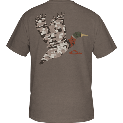 Mosaic Mallard T-Shirt features a patchwork-style flying duck graphic on the back, highlighting earthy tones, with a subtle rust logo signature.