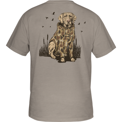 Old School Lab T-Shirt with front pocket Drake logo and back graphic, crafted from a 60% cotton, 40% polyester blend for comfort.