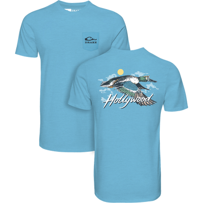 Hollywood T-Shirt featuring front pocket with Drake logo and back graphic of a Northern Shoveler with sun and clouds, perfect for casual wear.