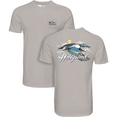 Hollywood T-Shirt with front DRAKE logo on pocket, back features colorful Northern Shoveler illustration with Hollywood script, part of Ducks of Drake series.