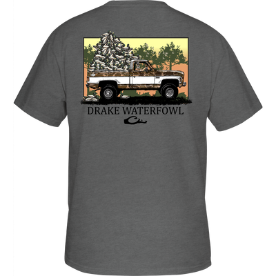 Decoy Overload T-Shirt featuring front pocket Drake logo and Jimbo with Decoys graphic on back, part of Drake Waterfowl's hunting-inspired casual apparel.