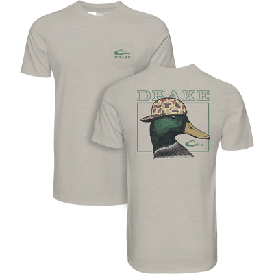 Back Cap Mallard T-Shirt, featuring a Drake logo on the front pocket and a mallard duck with cap graphic on the back, for casual hunting style.