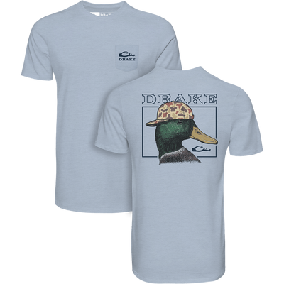 Back Cap Mallard T-Shirt featuring Drake logo on front pocket and mallard duck graphic with camo cap on back, crafted from soft cotton-polyester blend.