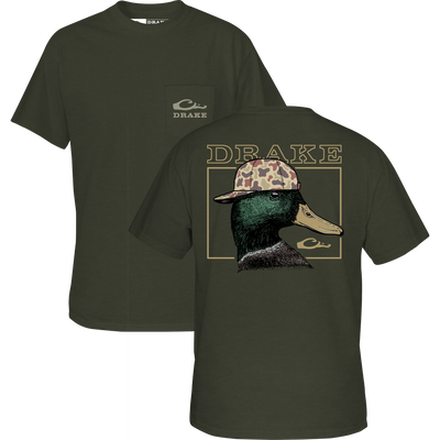Back Cap Mallard T-Shirt featuring a mallard duck graphic with camo cap on back, DRAKE logo on front pocket, made from cotton-polyester blend.
