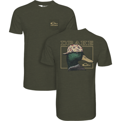 Back Cap Mallard T-Shirt featuring Drake logo on front pocket and a mallard wearing a camo cap graphic on back, made from soft cotton-polyester blend.