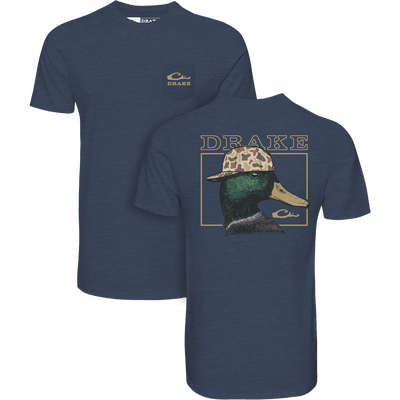 Back Cap Mallard T-Shirt featuring a small gold Drake logo on the front pocket and a large mallard graphic wearing a camo cap on the back.
