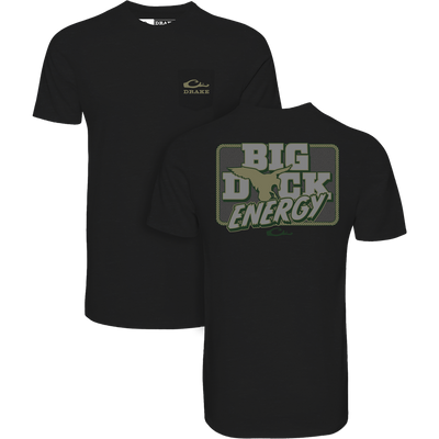 Big Duck Energy T-Shirt showcasing front Drake logo and back flying duck graphic with BIG DUCK ENERGY text, crafted from a soft cotton-polyester blend.