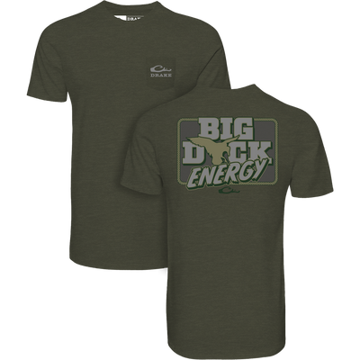 Big Duck Energy T-Shirt featuring a front Drake logo and bold back graphic with a flying duck silhouette and slogan, crafted for comfort with cotton-polyester blend.
