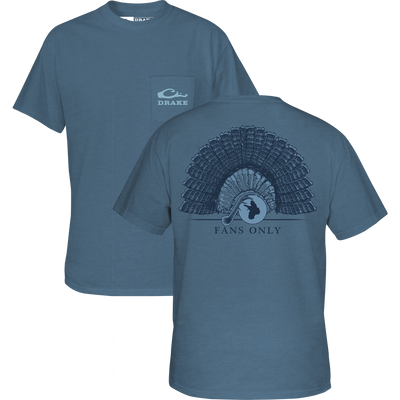 Fans Only T-Shirt featuring Drake logo pocket front and detailed turkey-fan graphic with hunter silhouette back, ideal for hunting enthusiasts.