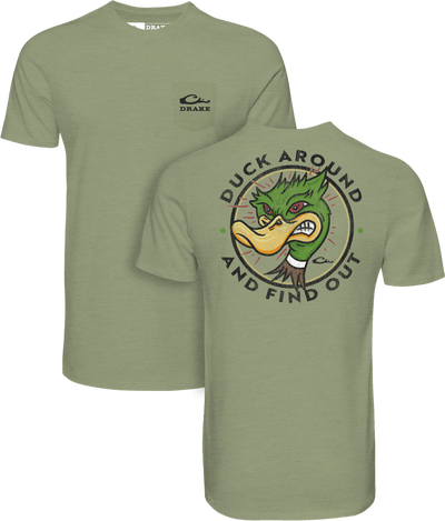 Sage light heather Duck Around T-Shirt by Lifestyle featuring a small logo on the front chest and an angry duck head inside a circle on the back with the text Duck Around and Find Out.