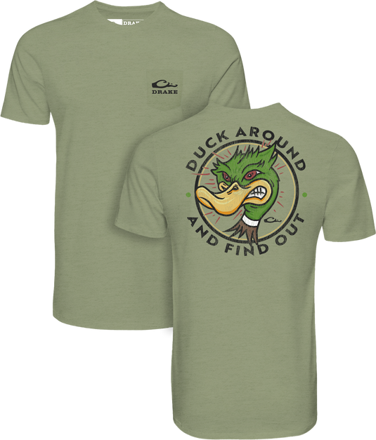 Sage light heather Duck Around T-Shirt by Lifestyle featuring a small logo on the front chest and an angry duck head inside a circle on the back with the text Duck Around and Find Out.