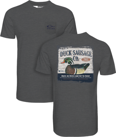 Duck Sausage T-Shirt with front pocket logo and vintage-style duck graphic on back, highlighting Drake’s hunting-themed casual apparel.
