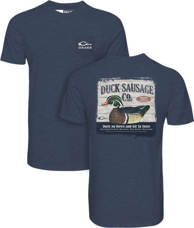 Duck Sausage T-Shirt featuring a front Drake logo and back distressed graphic with DUCK SAUSAGE CO. and wood duck illustration, ideal for casual outdoor wear.