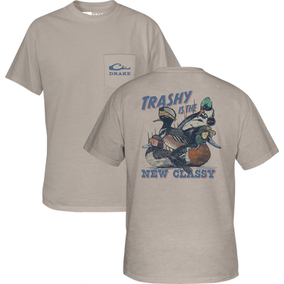 Trashy Ducks T-Shirt featuring three camo-clad ducks with sunglasses and slogan, made from a soft cotton-polyester blend, ideal for humor and duck enthusiasts.