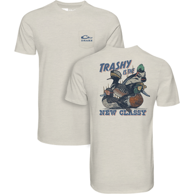 Trashy Ducks T-Shirt featuring playful ducks in sunglasses, with a small Drake logo pocket. Made from a soft cotton-polyester blend for comfort and durability.