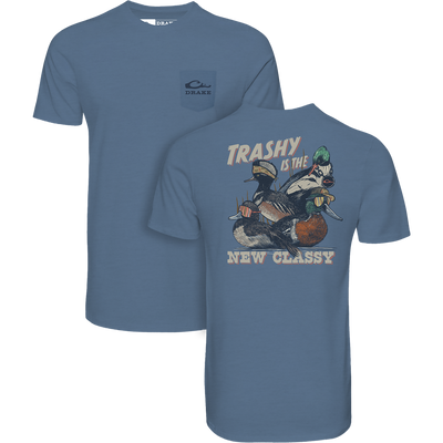 Trashy Ducks T-Shirt featuring a front pocket with Drake logo and a playful duck cartoon with slogan on the back, made from a lightweight cotton-polyester blend.
